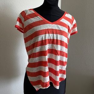 Red and White Striped V Neck Tee - small